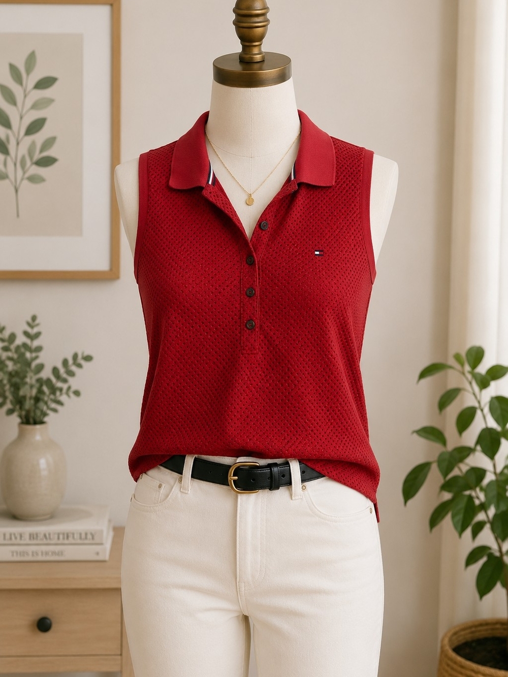 Tommy Hilfiger Red Sleeveless Polo Top Women’s M Dotted